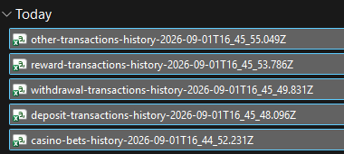 The five exported CSV files in a downloads folder