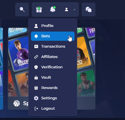 The Rainbet account menu with Bets highlighted