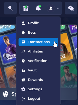 The Rainbet account menu with Transactions highlighted